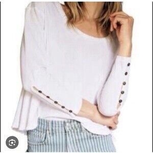 Free People Peony Tee Size Small White Top Long Sleeve Button Cuff Embellishment